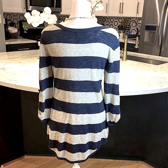 Pandemonium Navy & Grey Stripped Scoop Neck Sweater w/ Front Pocket, Sz. S - Picture 8 of 10